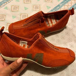 Orange Merrell suede zip up shoes